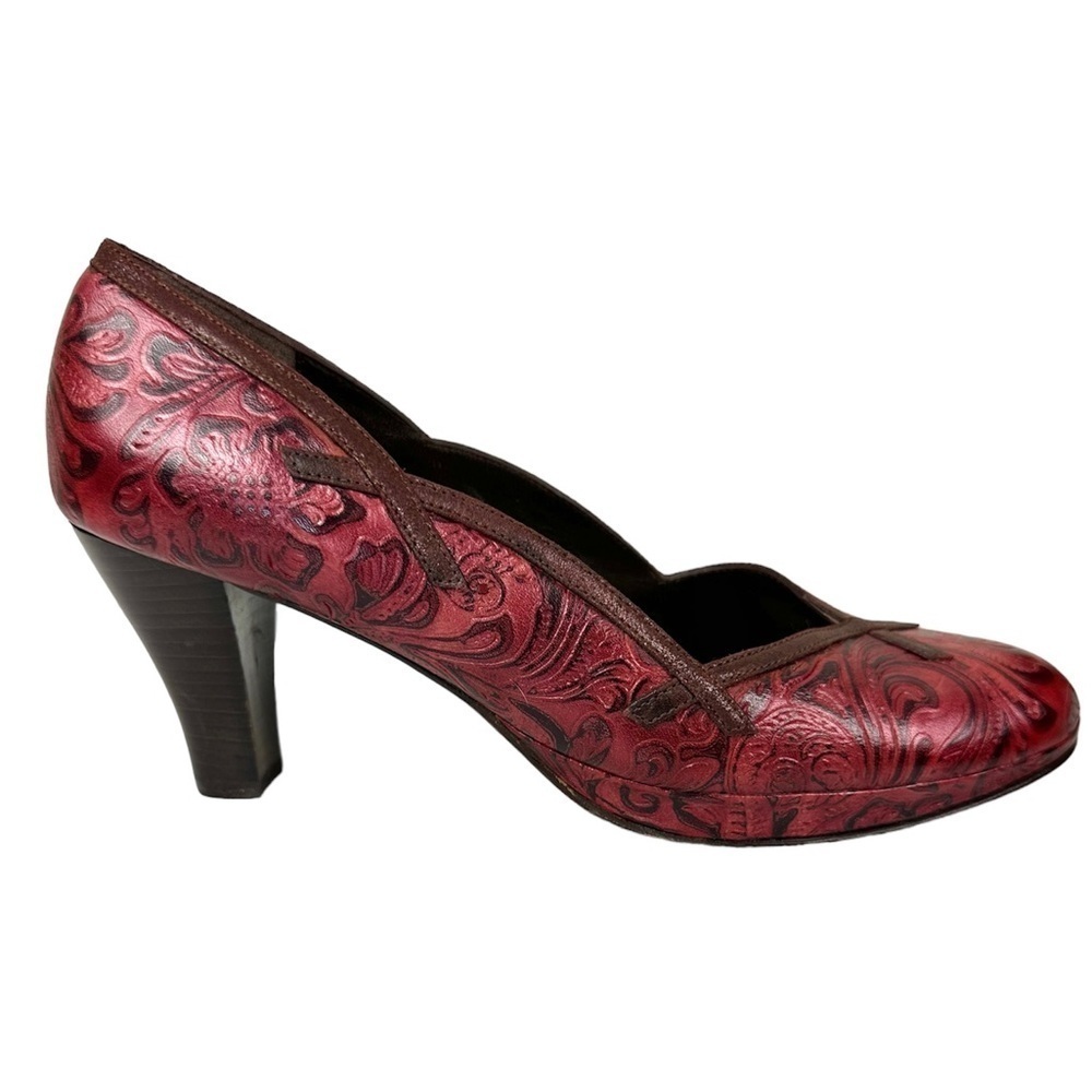 Anthropologie Red Tooled Leather Floral Pump